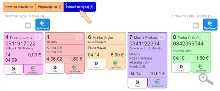 Záložky objednávky donášky v stave Hotové na výdaj. Záložky objednávky donášky v stave Hotové na výdaj.