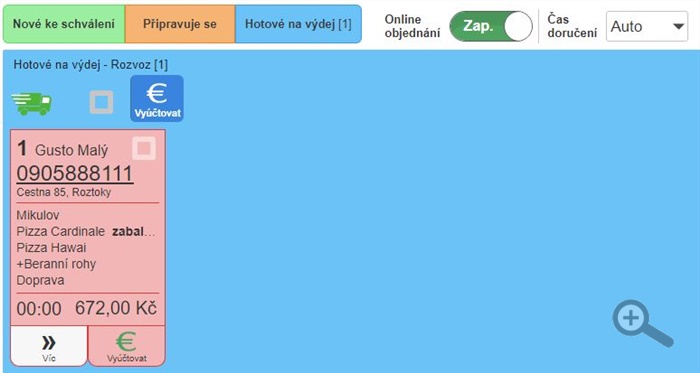 Záložka objednávky donášky ve stavu Hotové na výdej. Záložka objednávky donášky ve stavu Hotové na výdej.