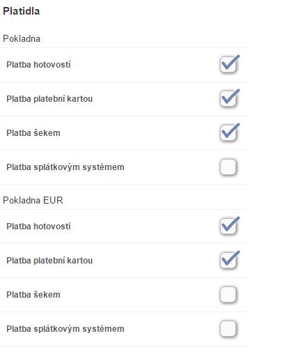 Seznam finančních pokladní s možností nastavení platidel Seznam finančních pokladní s možností nastavení platidel
