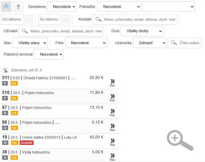 Rozšírený filter v zozname úhrad dokladov