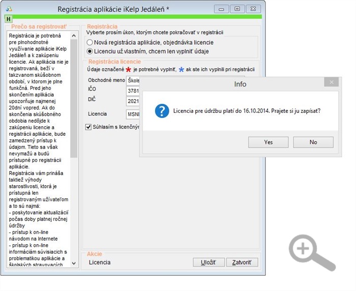 Zobrazenie platnosti licencie a aplikácii iKelp Jedáleň