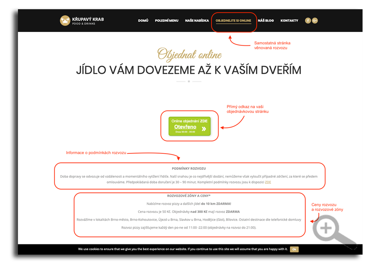 Přizpůsobení vlastního webu Samostatná stránka věnovaná online rozvozu