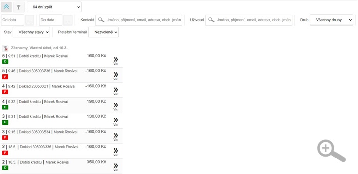 Rozšířený filtr a seznam položek v historii pohybů v kreditních účtech zákazníků