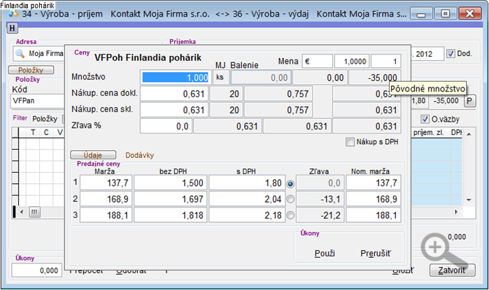 Výroba - príjem receptúry - nastavenia množstva príjmu