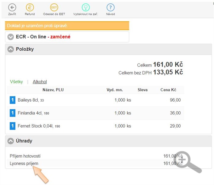 Zobrazení úhrady a nahlášení dokladu do Lyoness