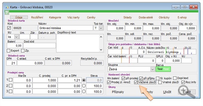 Nastavení chování skladové karty