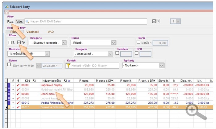Filtr na skladové karty s příznakem "Zp"