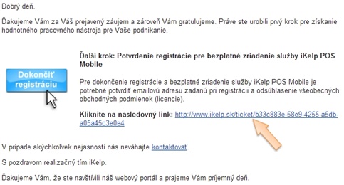 Potvrdenie registrácie služby iKelp POS Mobile