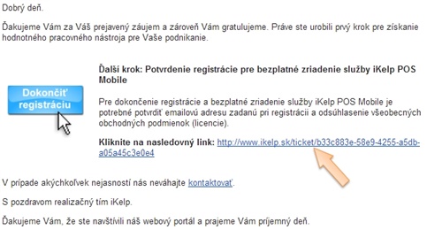 Potvrdenie registrácie služby iKelp POS Mobile Potvrdenie registrácie služby iKelp POS Mobile