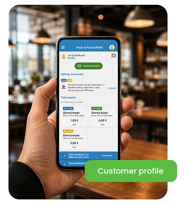 Loyalty system example - customer profile with coupons on a phone