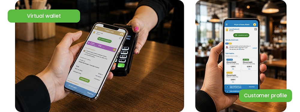 Loyalty system example - virtual wallet and customer profile on a phone