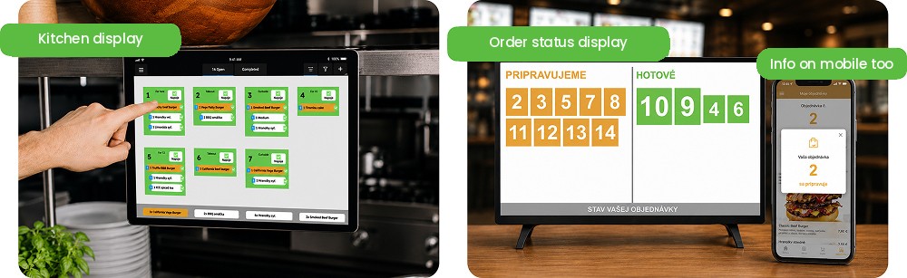 Canteen system example - kitchen display, order status display and info on mobile
