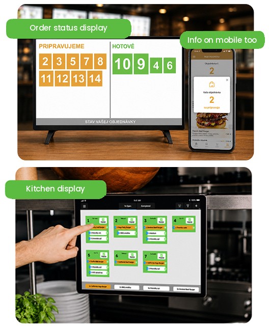 Canteen system example - kitchen display, order status display and info on mobile