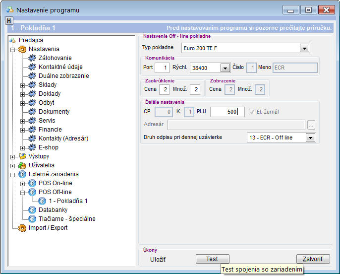 Nastavenia - off-line pokladňa - nastavenie pokladne