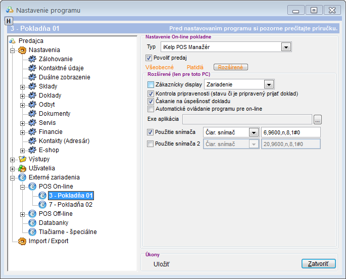 Nastavenia on-line pokladne