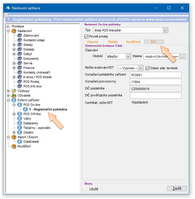 Základní nastavení režimu evidevání EET v aplikaci iKelp Pokladna