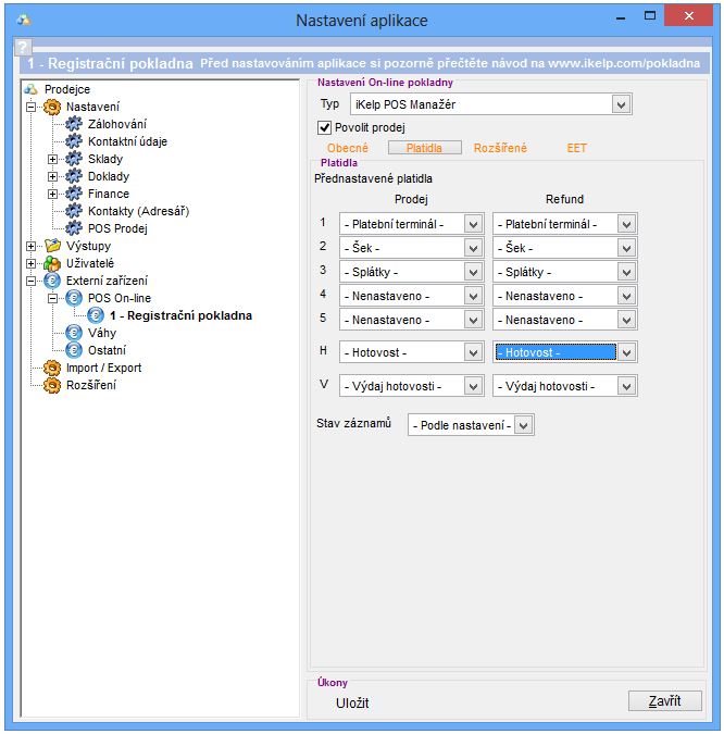 Nastavení - POS on-line pokladna - nastavení platidel