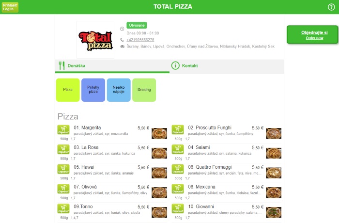 Objednávanie rozvozu jedál online v Total Pizza Šurany