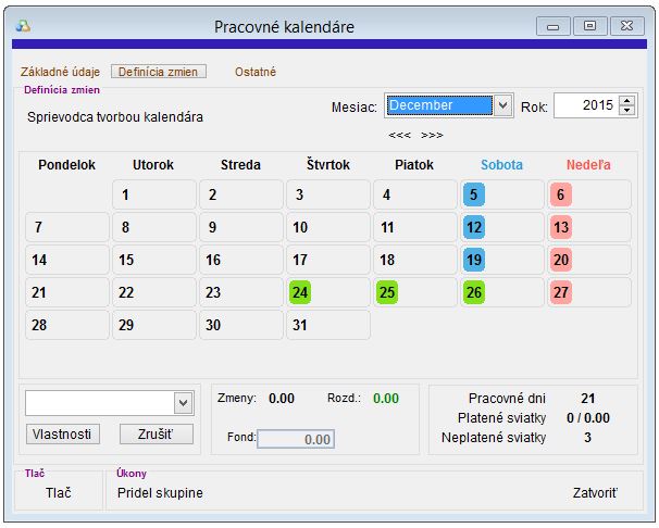 Formul&aacute;r Defin&iacute;cia zmien v nastaveniach pracovn&yacute;ch kalend&aacute;rov
