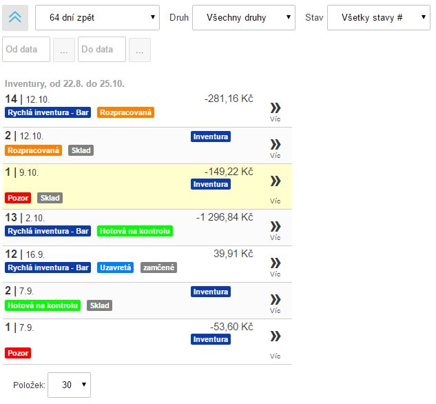 Rozšířený filtr a seznam inventur v inventurním seznamu aplikace