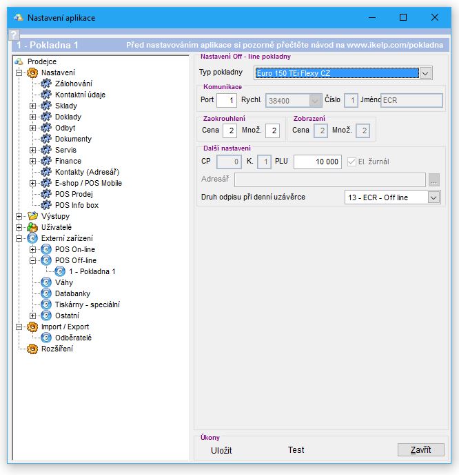 Nastaveni - off-line pokladna - nastaveni pokladny