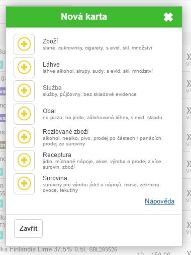 Možnosti pro výběr typu nové skladové karty Možnosti pro výběr typu nové skladové karty