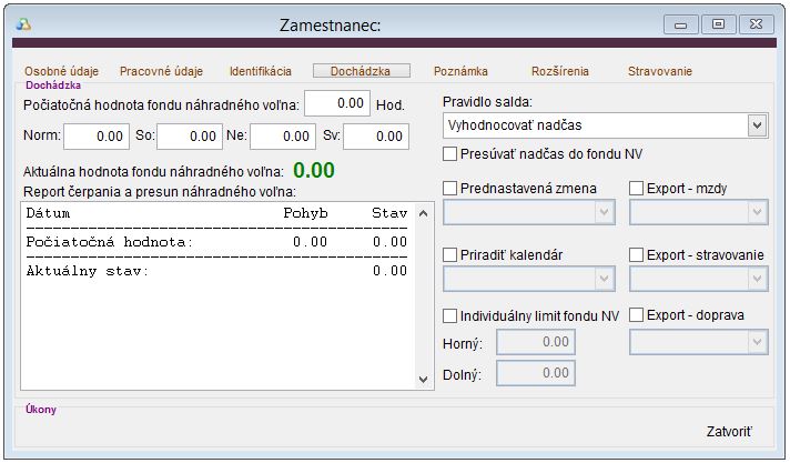 Údaje zamestnanca - Dochádzka