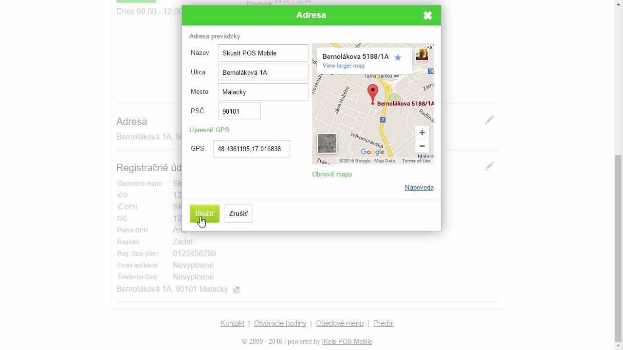 Dial&oacute;g Adresa s poľami N&aacute;zov, Ulica, Mesto, PSČ a mapou zobrazuj&uacute;cou polohu prev&aacute;dzky