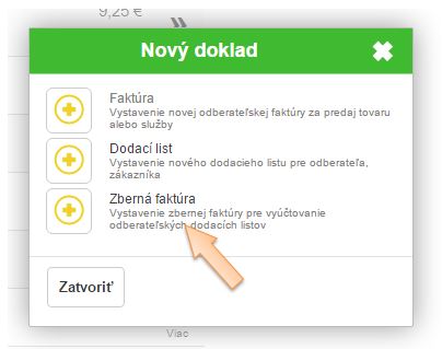 Vytvorenie nového finančného dokladu - Zberná faktúra