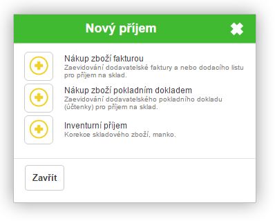 Nový příjem - výběr typu dokladu pro příjem Nový příjem - výběr typu dokladu pro příjem