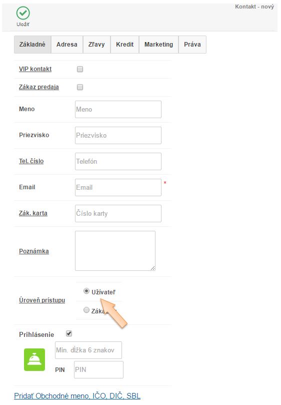 Záložka Základné na novom kontakte v iKelp POS Mobile Záložka Základné na novom kontakte v iKelp POS Mobile